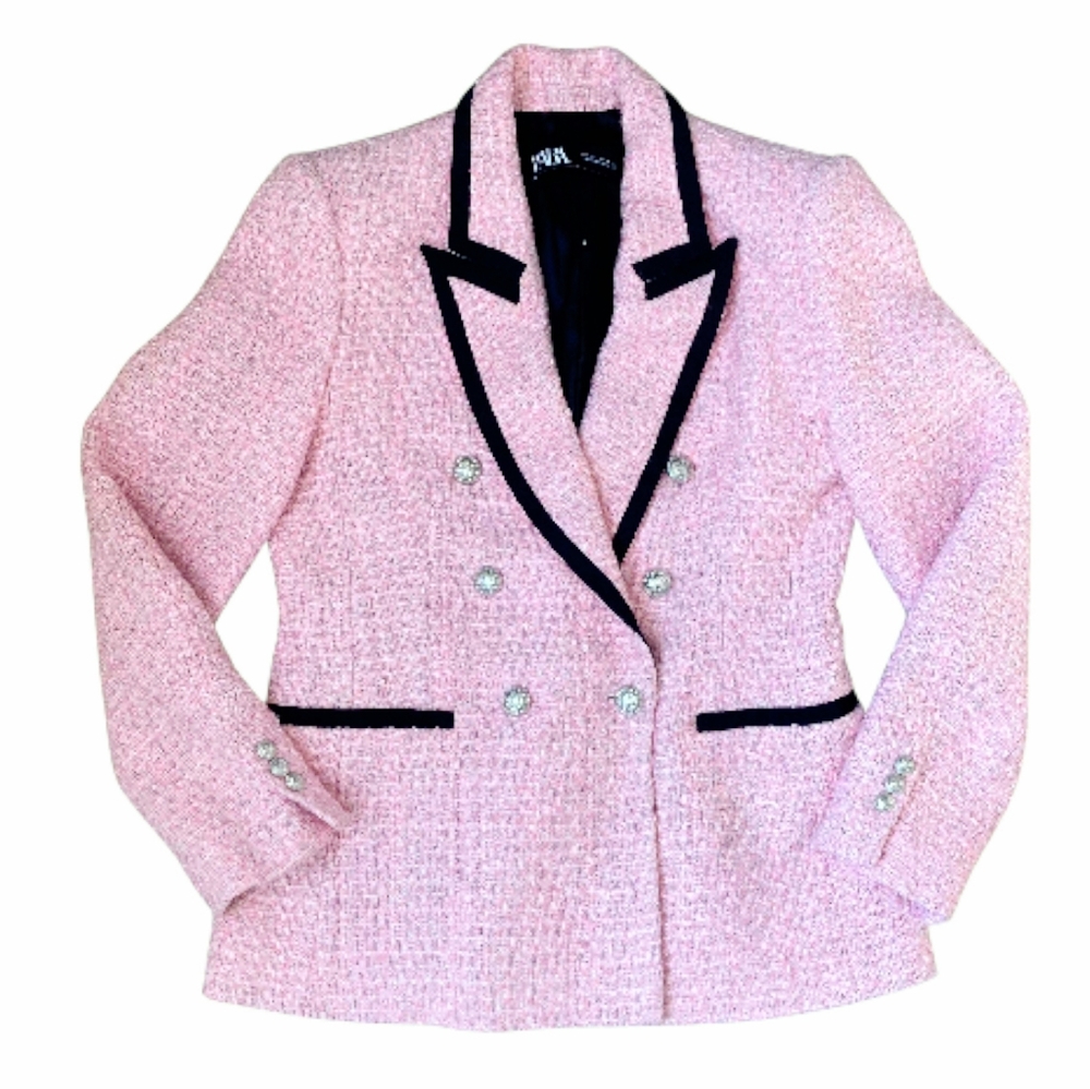 SOLD Zara Tweed pink Double Breasted Blazer Jacket L Structured contrast Black - Picture 15 of 17